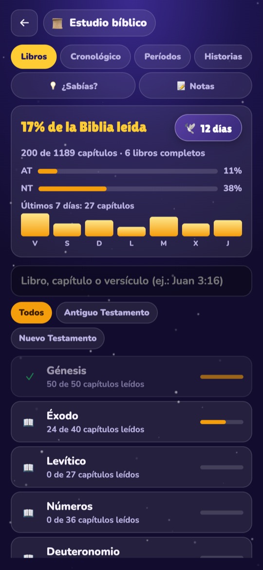 Pantalla del Estudio bíblico con el progreso de lectura
